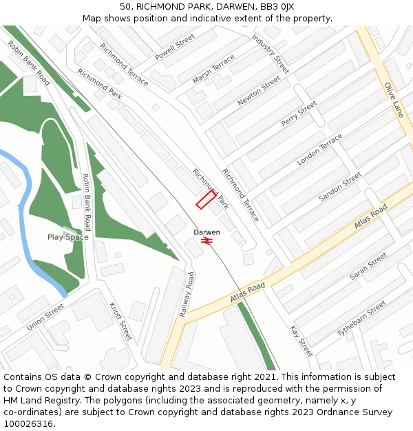 50, RICHMOND PARK, DARWEN, BB3 0JX: Location map and indicative extent of plot