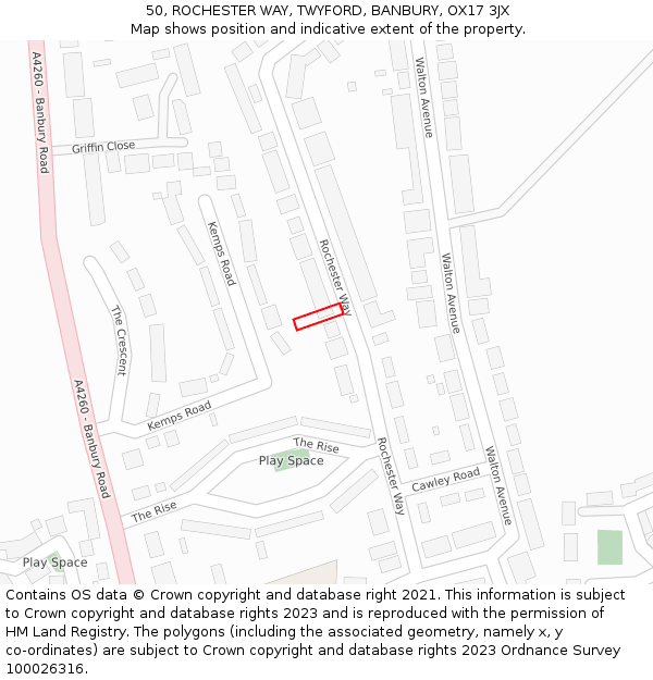 50, ROCHESTER WAY, TWYFORD, BANBURY, OX17 3JX: Location map and indicative extent of plot