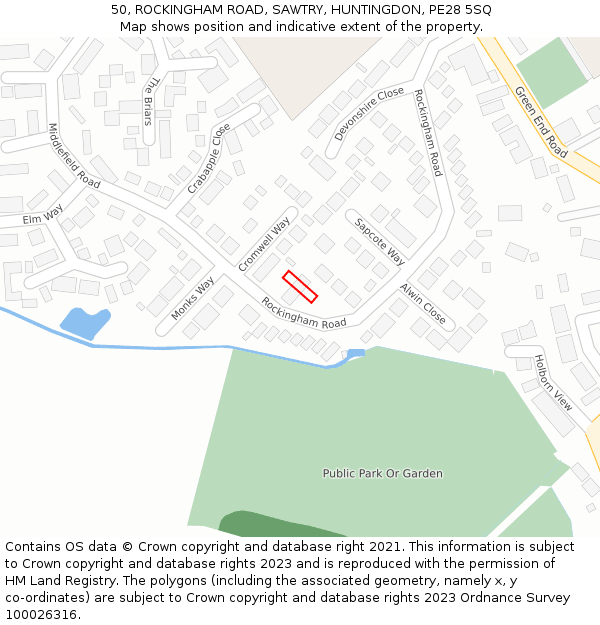 50, ROCKINGHAM ROAD, SAWTRY, HUNTINGDON, PE28 5SQ: Location map and indicative extent of plot