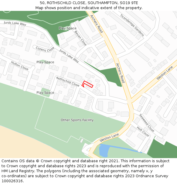 50, ROTHSCHILD CLOSE, SOUTHAMPTON, SO19 9TE: Location map and indicative extent of plot