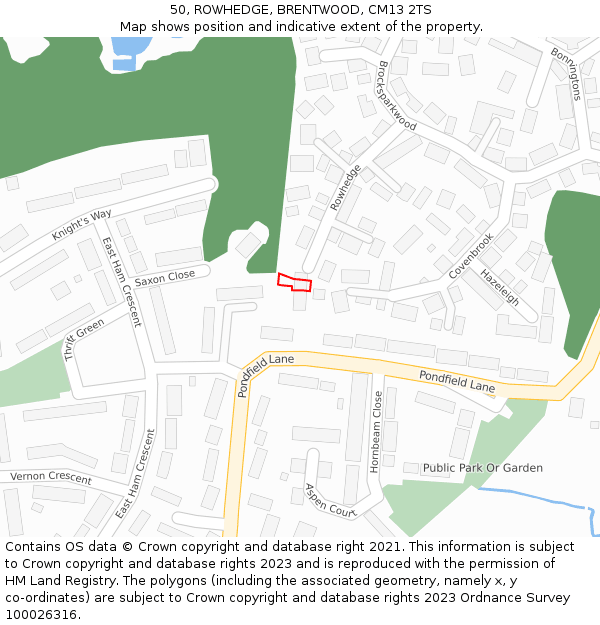 50, ROWHEDGE, BRENTWOOD, CM13 2TS: Location map and indicative extent of plot