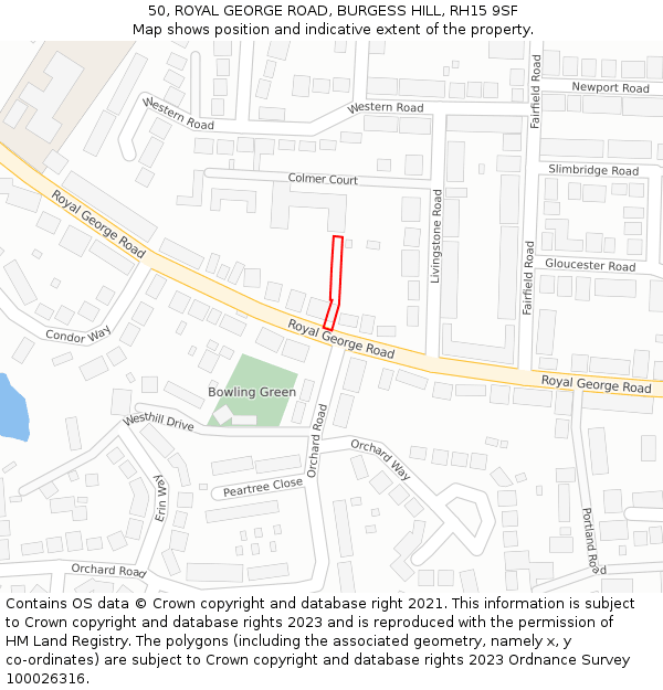 50, ROYAL GEORGE ROAD, BURGESS HILL, RH15 9SF: Location map and indicative extent of plot