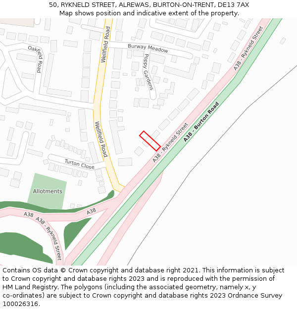 50, RYKNELD STREET, ALREWAS, BURTON-ON-TRENT, DE13 7AX: Location map and indicative extent of plot