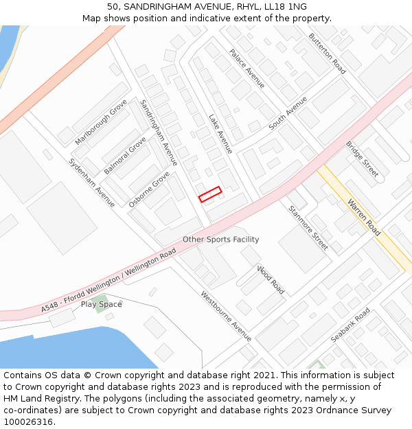 50, SANDRINGHAM AVENUE, RHYL, LL18 1NG: Location map and indicative extent of plot