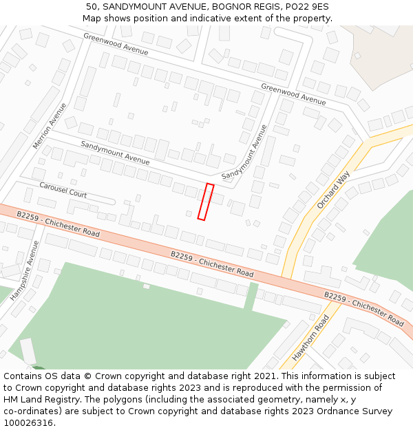 50, SANDYMOUNT AVENUE, BOGNOR REGIS, PO22 9ES: Location map and indicative extent of plot