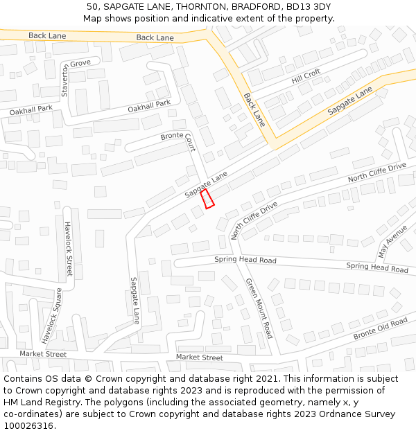 50, SAPGATE LANE, THORNTON, BRADFORD, BD13 3DY: Location map and indicative extent of plot