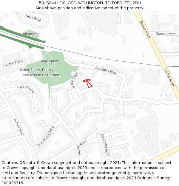 50, SAVILLE CLOSE, WELLINGTON, TELFORD, TF1 2DU: Location map and indicative extent of plot