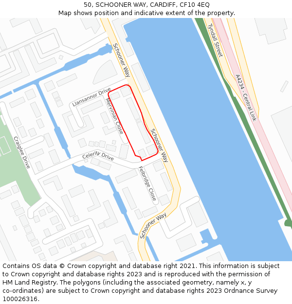 50, SCHOONER WAY, CARDIFF, CF10 4EQ: Location map and indicative extent of plot