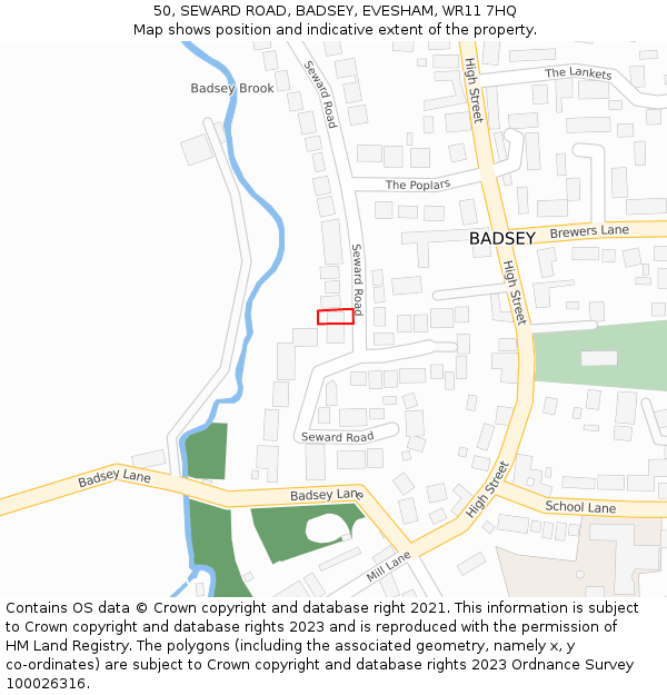 50, SEWARD ROAD, BADSEY, EVESHAM, WR11 7HQ: Location map and indicative extent of plot