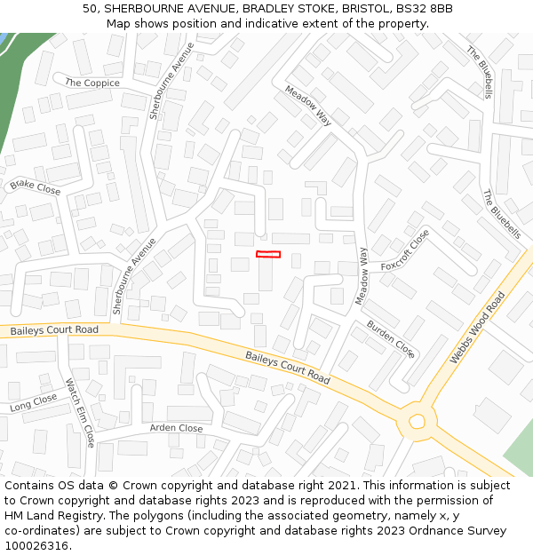 50, SHERBOURNE AVENUE, BRADLEY STOKE, BRISTOL, BS32 8BB: Location map and indicative extent of plot