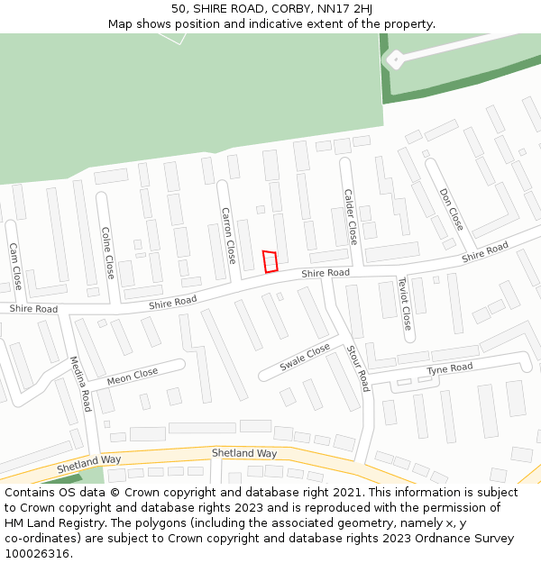 50, SHIRE ROAD, CORBY, NN17 2HJ: Location map and indicative extent of plot