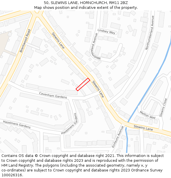 50, SLEWINS LANE, HORNCHURCH, RM11 2BZ: Location map and indicative extent of plot