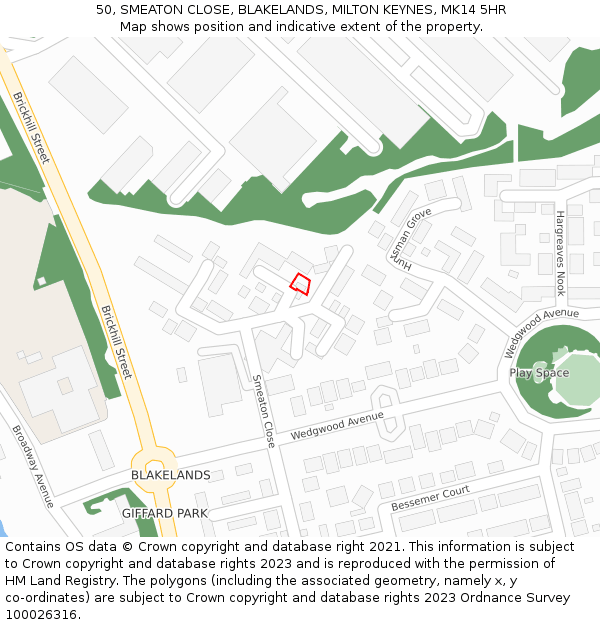 50, SMEATON CLOSE, BLAKELANDS, MILTON KEYNES, MK14 5HR: Location map and indicative extent of plot