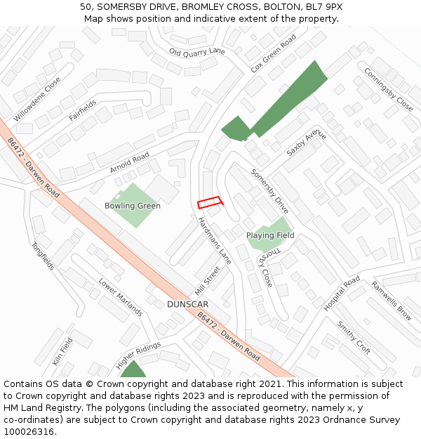 50, SOMERSBY DRIVE, BROMLEY CROSS, BOLTON, BL7 9PX: Location map and indicative extent of plot