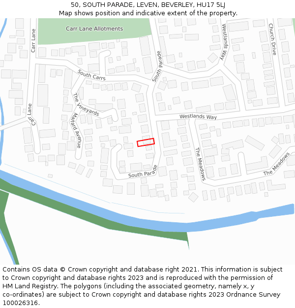 50, SOUTH PARADE, LEVEN, BEVERLEY, HU17 5LJ: Location map and indicative extent of plot