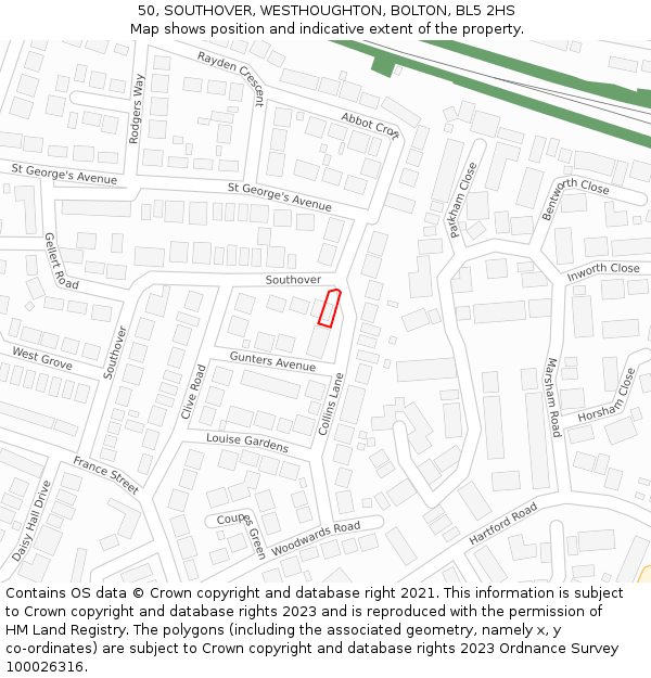 50, SOUTHOVER, WESTHOUGHTON, BOLTON, BL5 2HS: Location map and indicative extent of plot