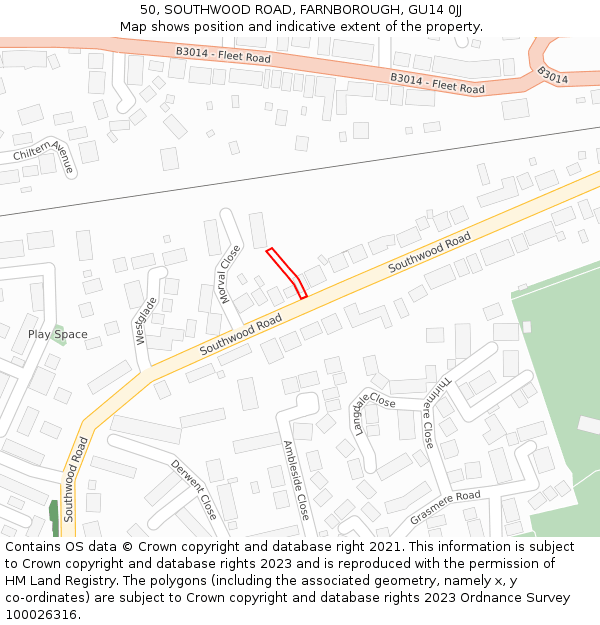 50, SOUTHWOOD ROAD, FARNBOROUGH, GU14 0JJ: Location map and indicative extent of plot