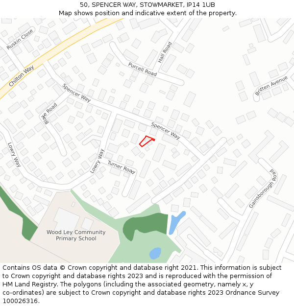 50, SPENCER WAY, STOWMARKET, IP14 1UB: Location map and indicative extent of plot