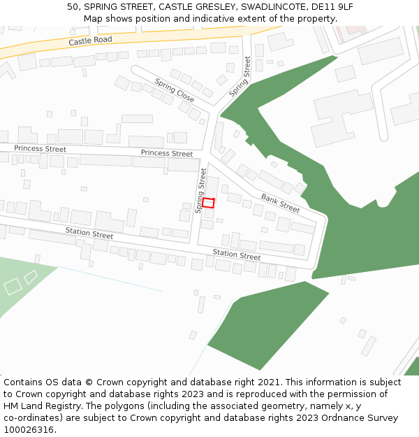 50, SPRING STREET, CASTLE GRESLEY, SWADLINCOTE, DE11 9LF: Location map and indicative extent of plot