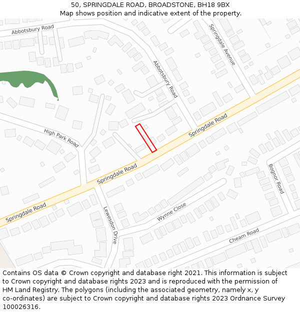 50, SPRINGDALE ROAD, BROADSTONE, BH18 9BX: Location map and indicative extent of plot