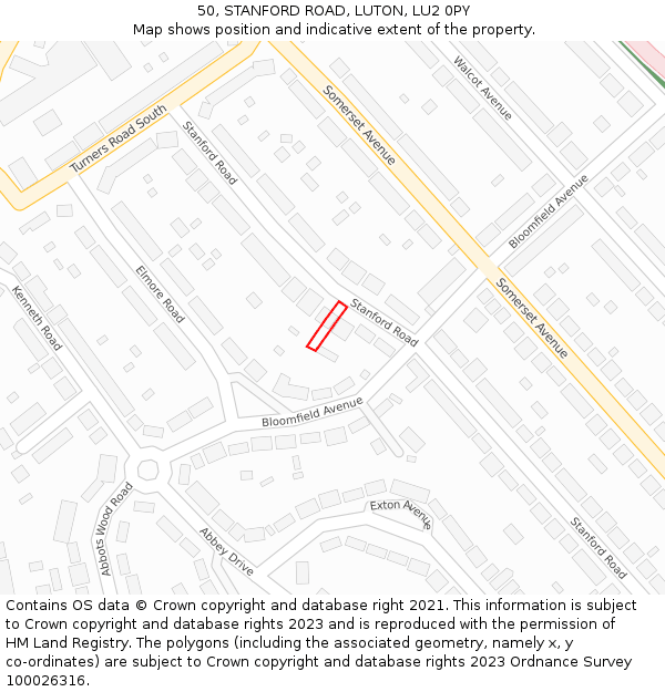 50, STANFORD ROAD, LUTON, LU2 0PY: Location map and indicative extent of plot
