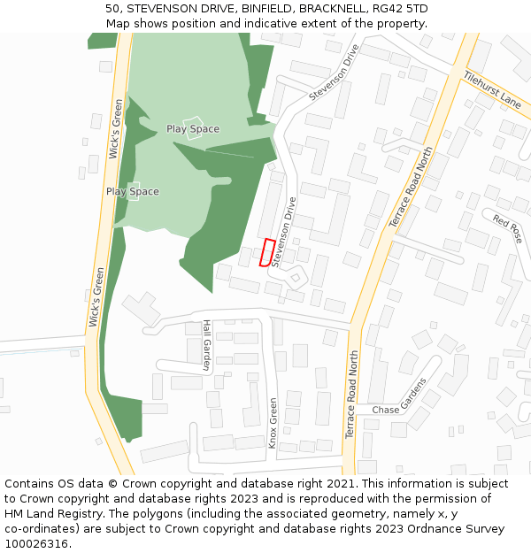 50, STEVENSON DRIVE, BINFIELD, BRACKNELL, RG42 5TD: Location map and indicative extent of plot