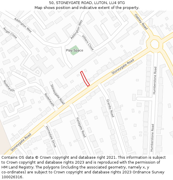 50, STONEYGATE ROAD, LUTON, LU4 9TG: Location map and indicative extent of plot