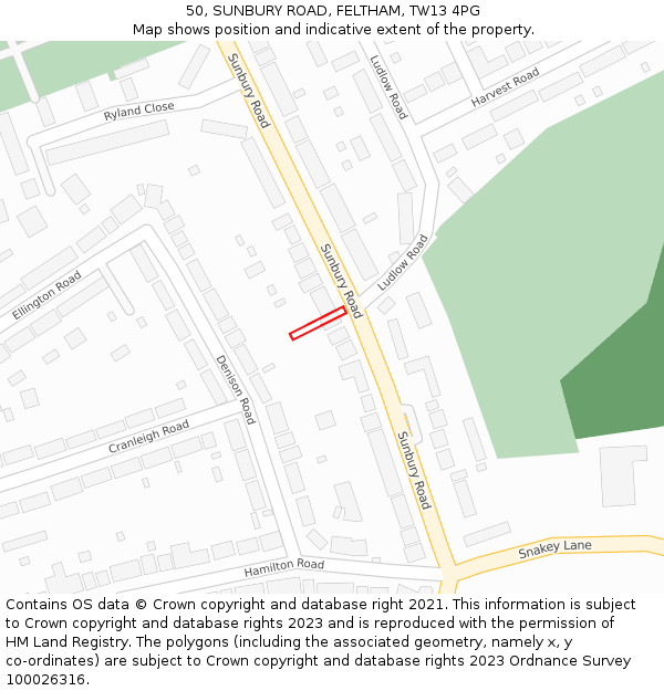 50, SUNBURY ROAD, FELTHAM, TW13 4PG: Location map and indicative extent of plot