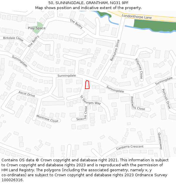 50, SUNNINGDALE, GRANTHAM, NG31 9PF: Location map and indicative extent of plot