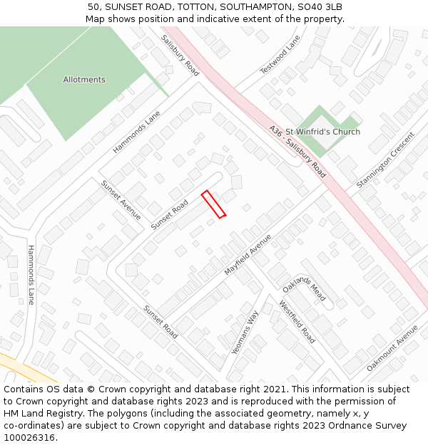 50, SUNSET ROAD, TOTTON, SOUTHAMPTON, SO40 3LB: Location map and indicative extent of plot