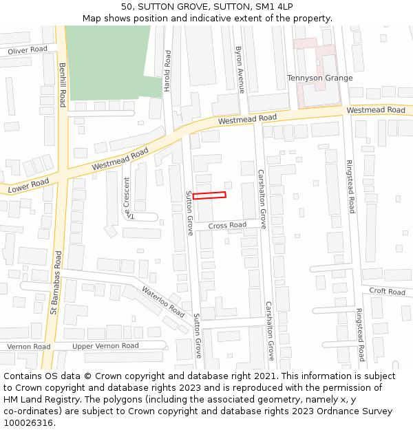 50, SUTTON GROVE, SUTTON, SM1 4LP: Location map and indicative extent of plot