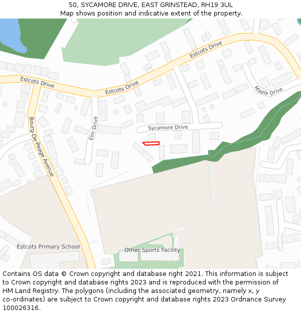 50, SYCAMORE DRIVE, EAST GRINSTEAD, RH19 3UL: Location map and indicative extent of plot
