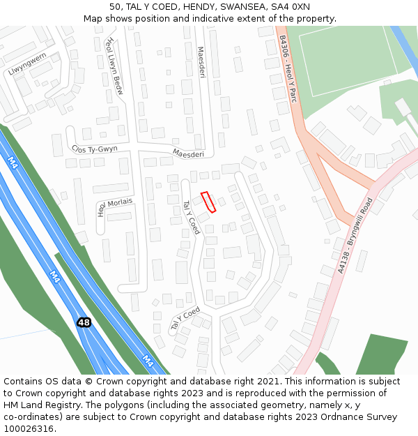 50, TAL Y COED, HENDY, SWANSEA, SA4 0XN: Location map and indicative extent of plot