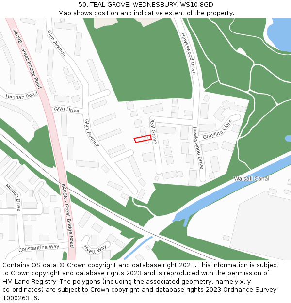 50, TEAL GROVE, WEDNESBURY, WS10 8GD: Location map and indicative extent of plot