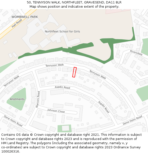 50, TENNYSON WALK, NORTHFLEET, GRAVESEND, DA11 8LR: Location map and indicative extent of plot