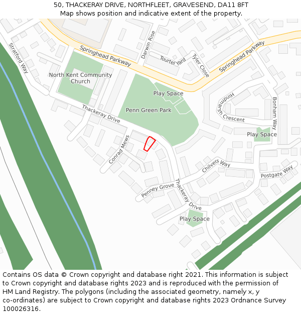 50, THACKERAY DRIVE, NORTHFLEET, GRAVESEND, DA11 8FT: Location map and indicative extent of plot