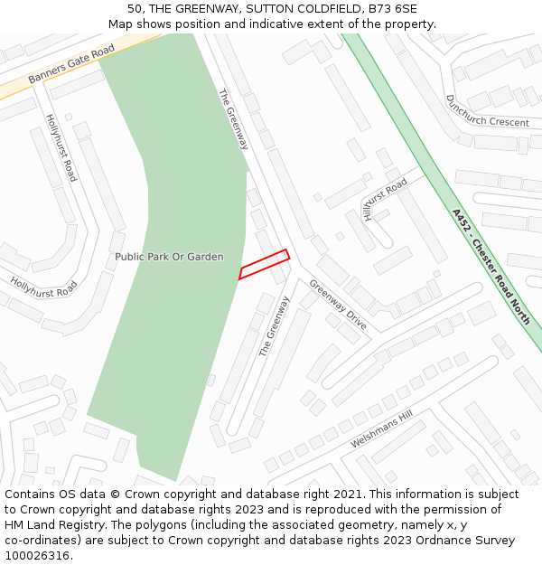 50, THE GREENWAY, SUTTON COLDFIELD, B73 6SE: Location map and indicative extent of plot