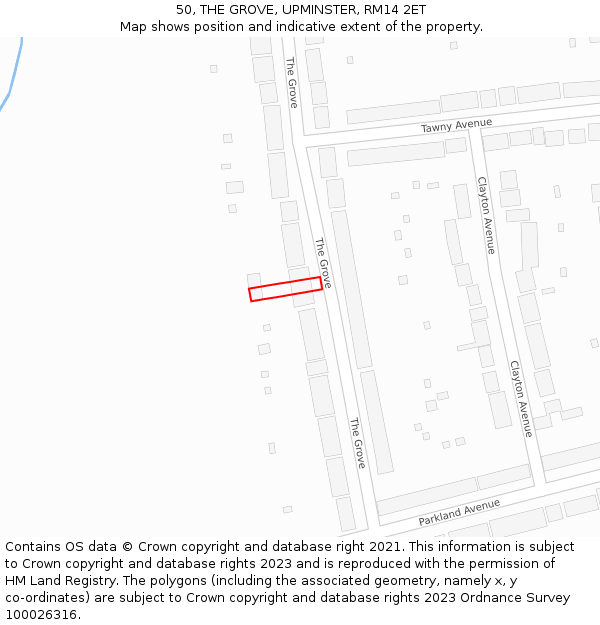 50, THE GROVE, UPMINSTER, RM14 2ET: Location map and indicative extent of plot