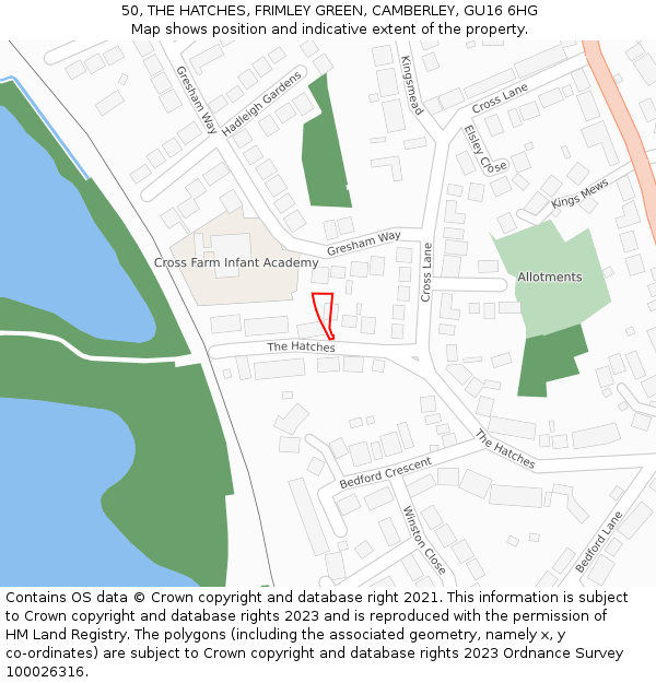 50, THE HATCHES, FRIMLEY GREEN, CAMBERLEY, GU16 6HG: Location map and indicative extent of plot