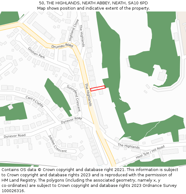 50, THE HIGHLANDS, NEATH ABBEY, NEATH, SA10 6PD: Location map and indicative extent of plot
