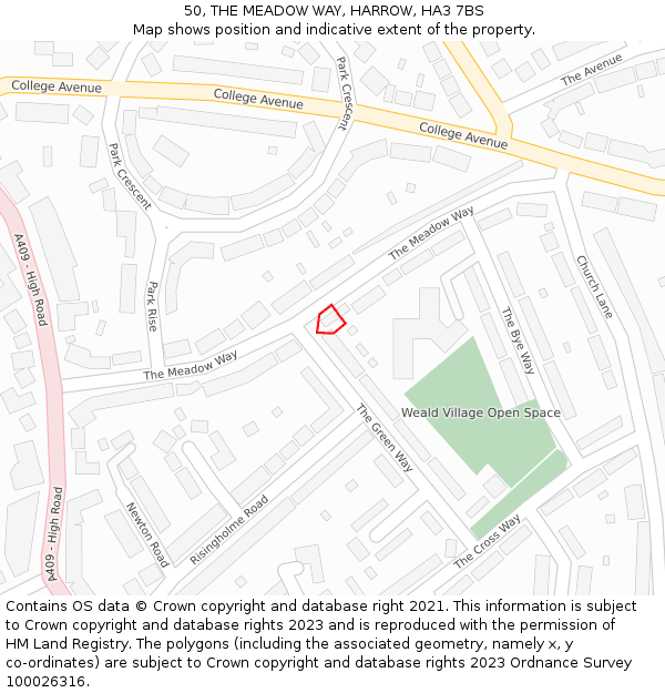 50, THE MEADOW WAY, HARROW, HA3 7BS: Location map and indicative extent of plot