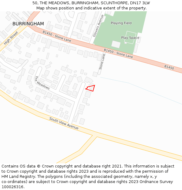 50, THE MEADOWS, BURRINGHAM, SCUNTHORPE, DN17 3LW: Location map and indicative extent of plot