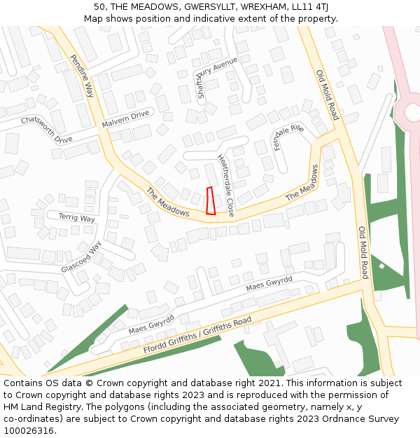 50, THE MEADOWS, GWERSYLLT, WREXHAM, LL11 4TJ: Location map and indicative extent of plot