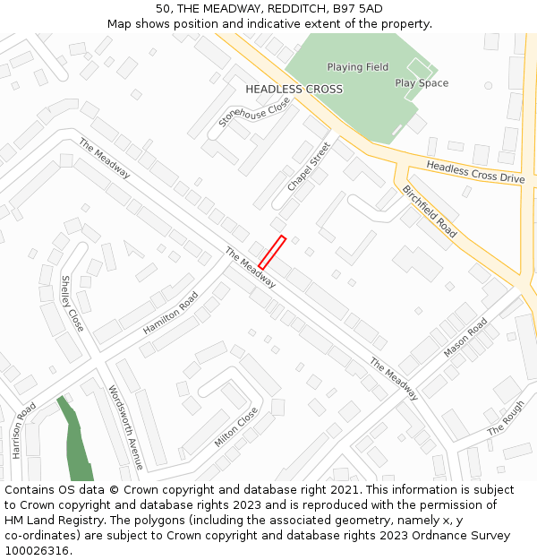 50, THE MEADWAY, REDDITCH, B97 5AD: Location map and indicative extent of plot