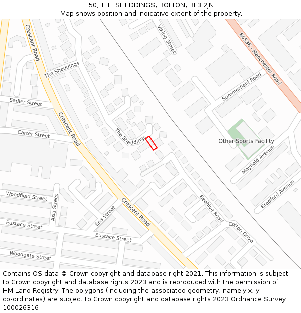 50, THE SHEDDINGS, BOLTON, BL3 2JN: Location map and indicative extent of plot