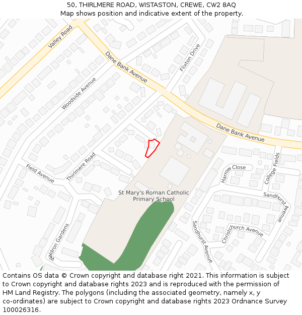 50, THIRLMERE ROAD, WISTASTON, CREWE, CW2 8AQ: Location map and indicative extent of plot