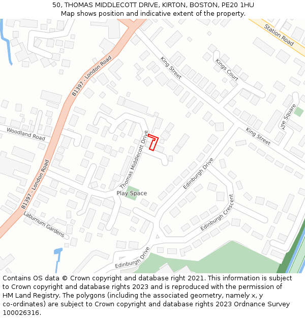 50, THOMAS MIDDLECOTT DRIVE, KIRTON, BOSTON, PE20 1HU: Location map and indicative extent of plot