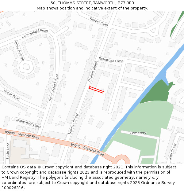 50, THOMAS STREET, TAMWORTH, B77 3PR: Location map and indicative extent of plot