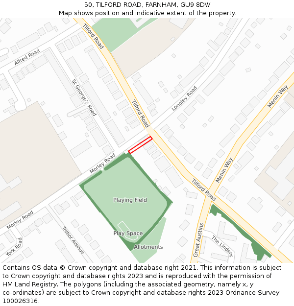 50, TILFORD ROAD, FARNHAM, GU9 8DW: Location map and indicative extent of plot