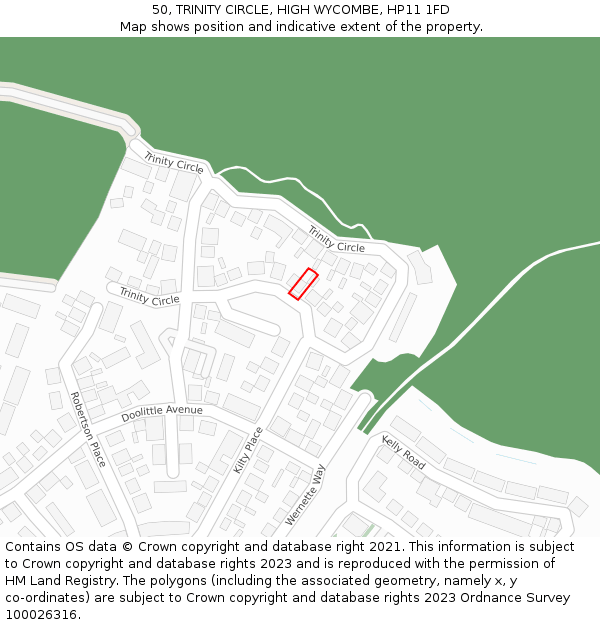 50, TRINITY CIRCLE, HIGH WYCOMBE, HP11 1FD: Location map and indicative extent of plot